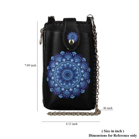Black and Blue Paper Cuts Pattern Faux Leather Cell Phone Bag (4.13x7.09) with Shoulder Strap image number 6