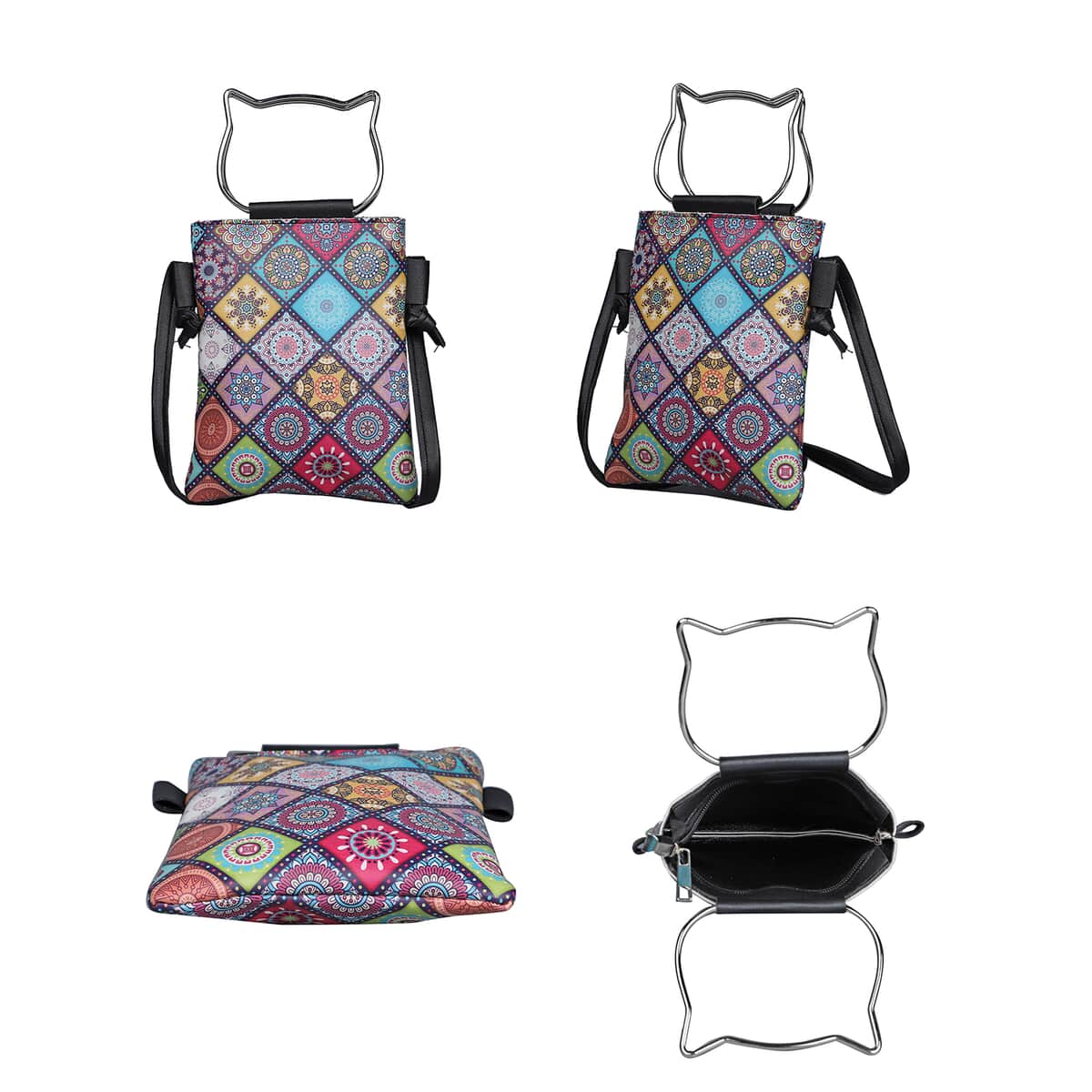 Multi Color Checker Pattern Faux Leather Crossbody Bag (7.87"x5.9") with Cat Shaped Handle Drop image number 3
