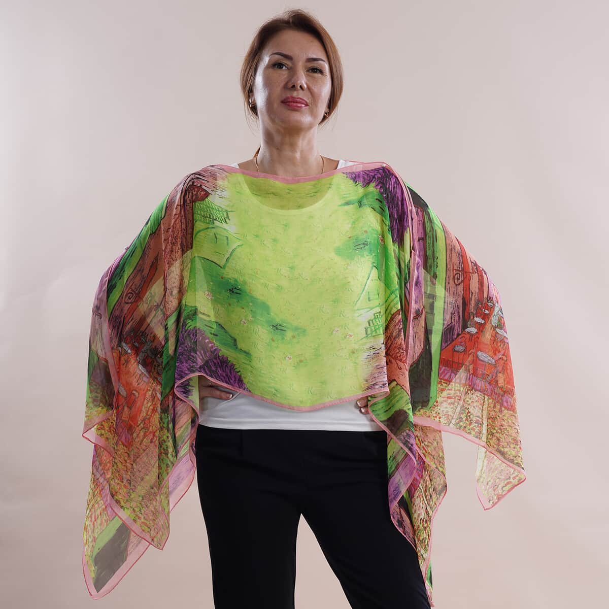 All in One Green Oil Painting Chiffon Tunic (One Size Fits Most) image number 0