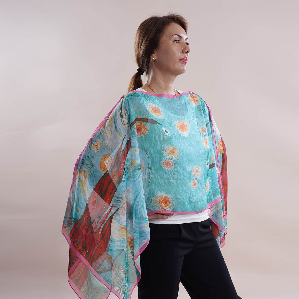 TLV All in One Turquoise Floral Brush Stroke Chiffon Tunic image number 2