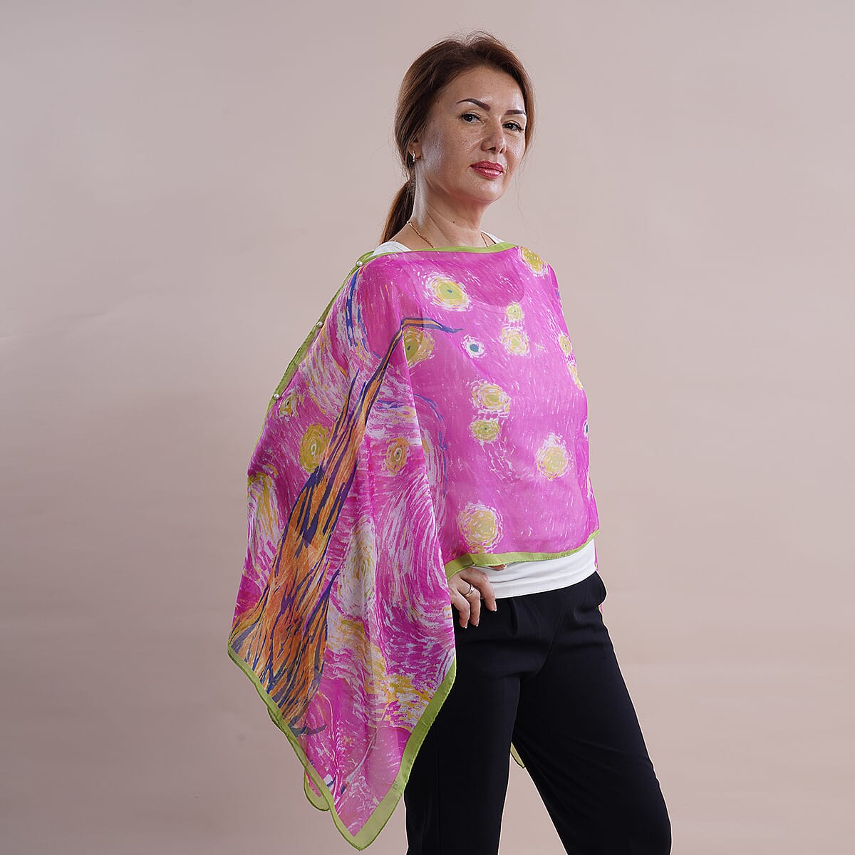 All in One Pink Floral Brush Stroke Chiffon Tunic (One Size Fits Most) image number 2