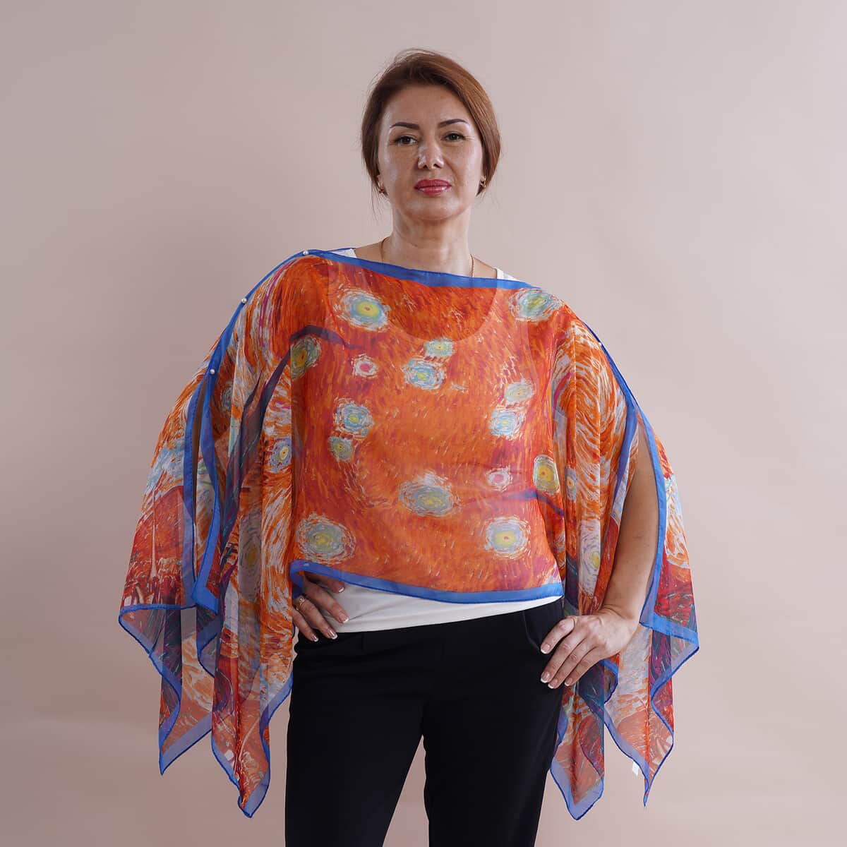 All in One Orange Floral Brush Stroke Chiffon Tunic (One Size Fits Most) image number 0