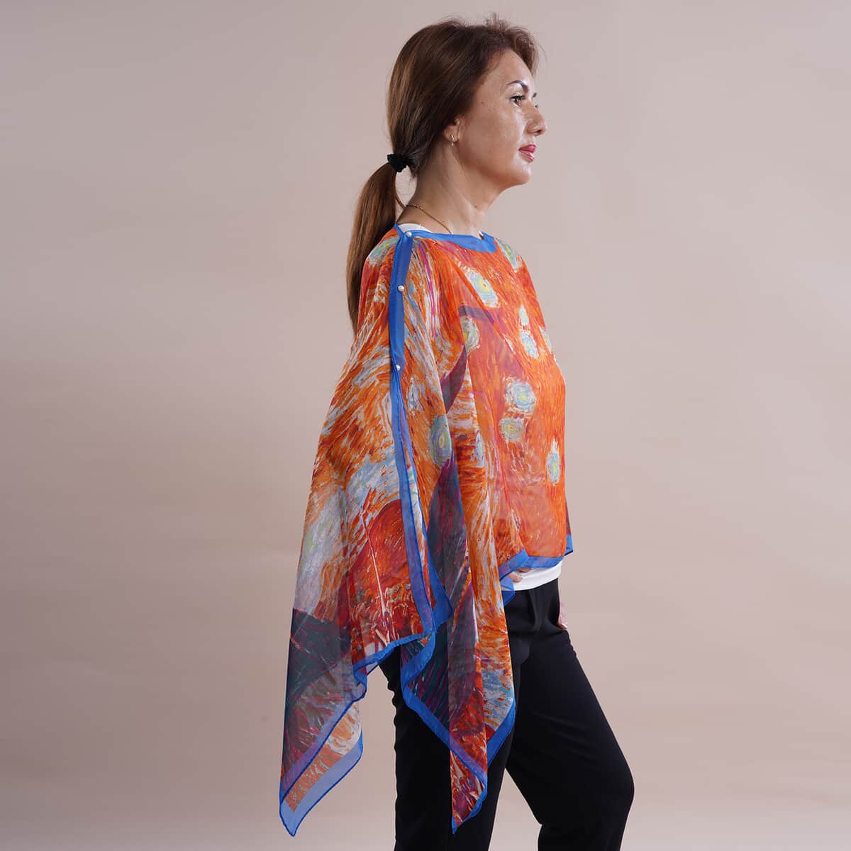 All in One Orange Floral Brush Stroke Chiffon Tunic (One Size Fits Most) image number 2