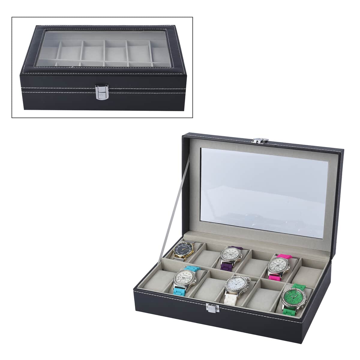 Black Faux Leather 12 Slots Watch Storage Box with Transparent Lid & Lock image number 0