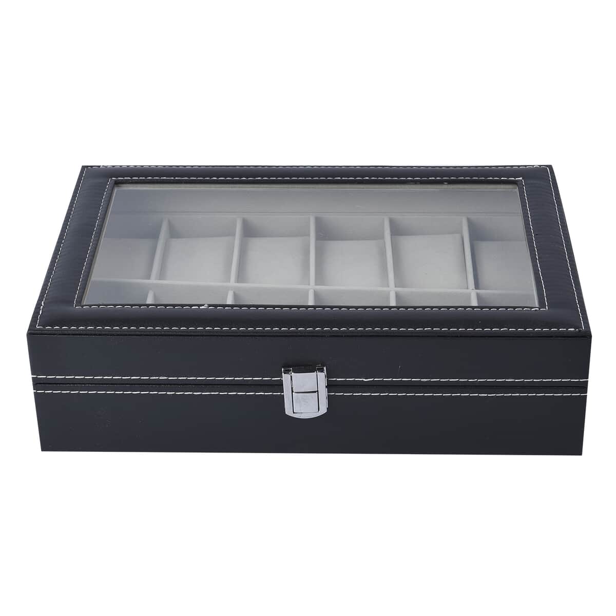 Black Faux Leather 12 Slots Watch Storage Box with Transparent Lid & Lock image number 1