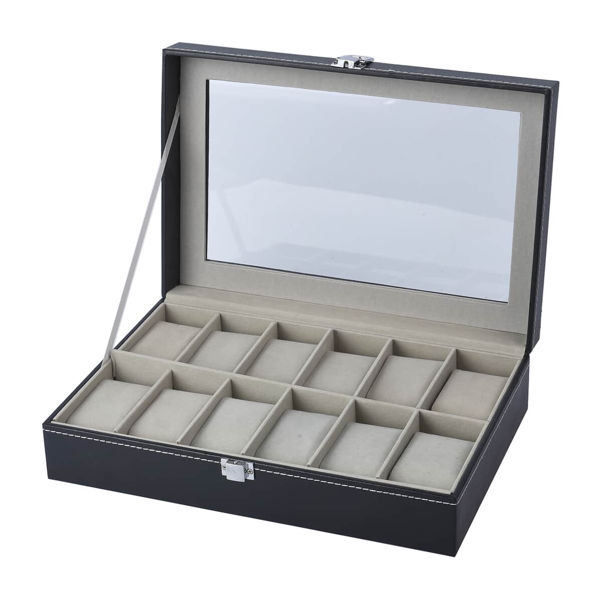 Black Faux Leather 12 Slots Watch Storage Box with Transparent Lid & Lock image number 3
