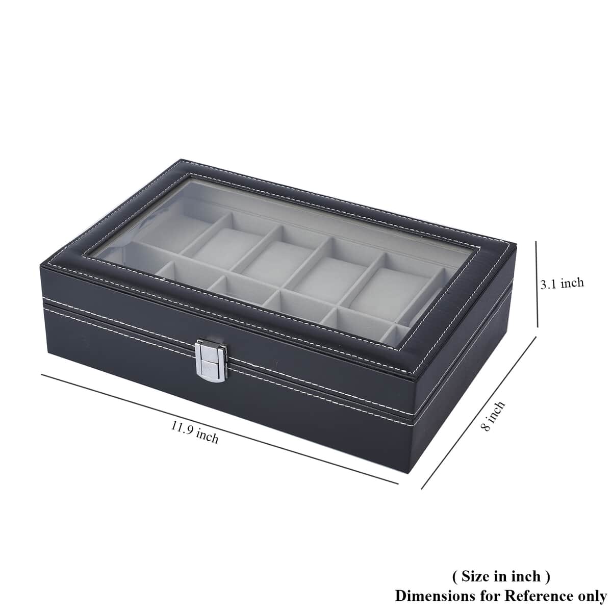 Black Faux Leather 12 Slots Watch Storage Box with Transparent Lid & Lock image number 5
