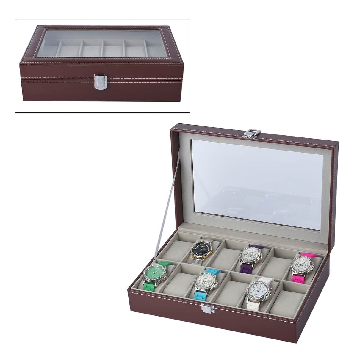 Brown Faux Leather 12 Slots Watch Storage Box with Transparent Lid & Lock image number 0
