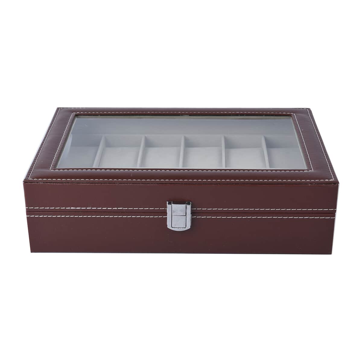 Brown Faux Leather 12 Slots Watch Storage Box with Transparent Lid & Lock image number 1