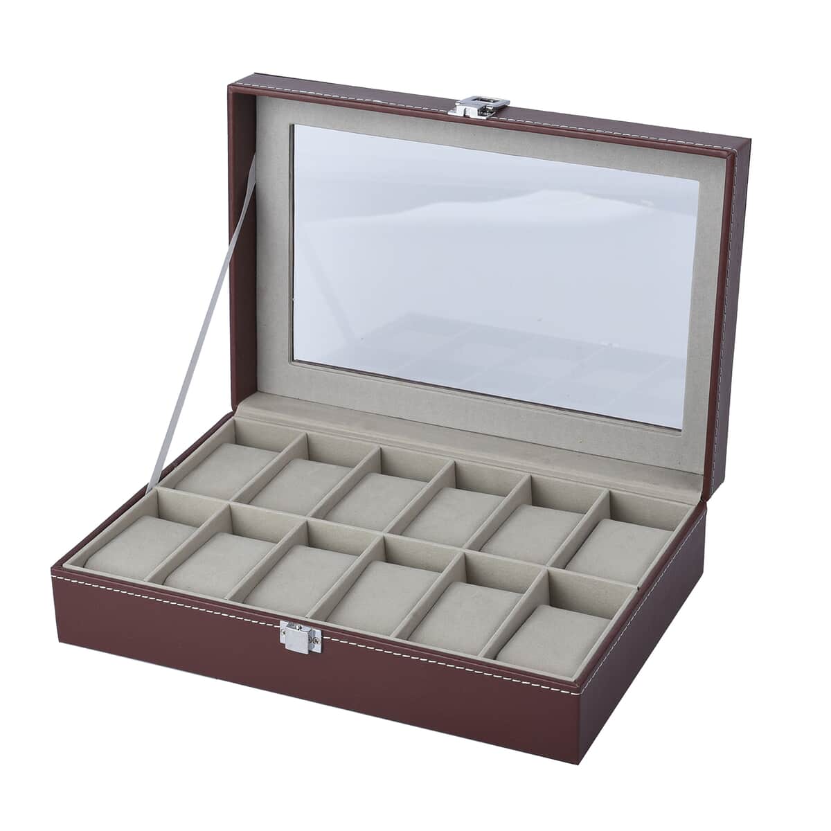 Brown Faux Leather 12 Slots Watch Storage Box with Transparent Lid & Lock image number 3