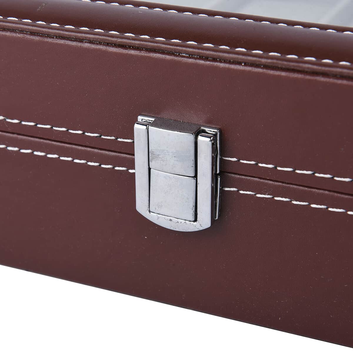 Brown Faux Leather 12 Slots Watch Storage Box with Transparent Lid & Lock image number 4