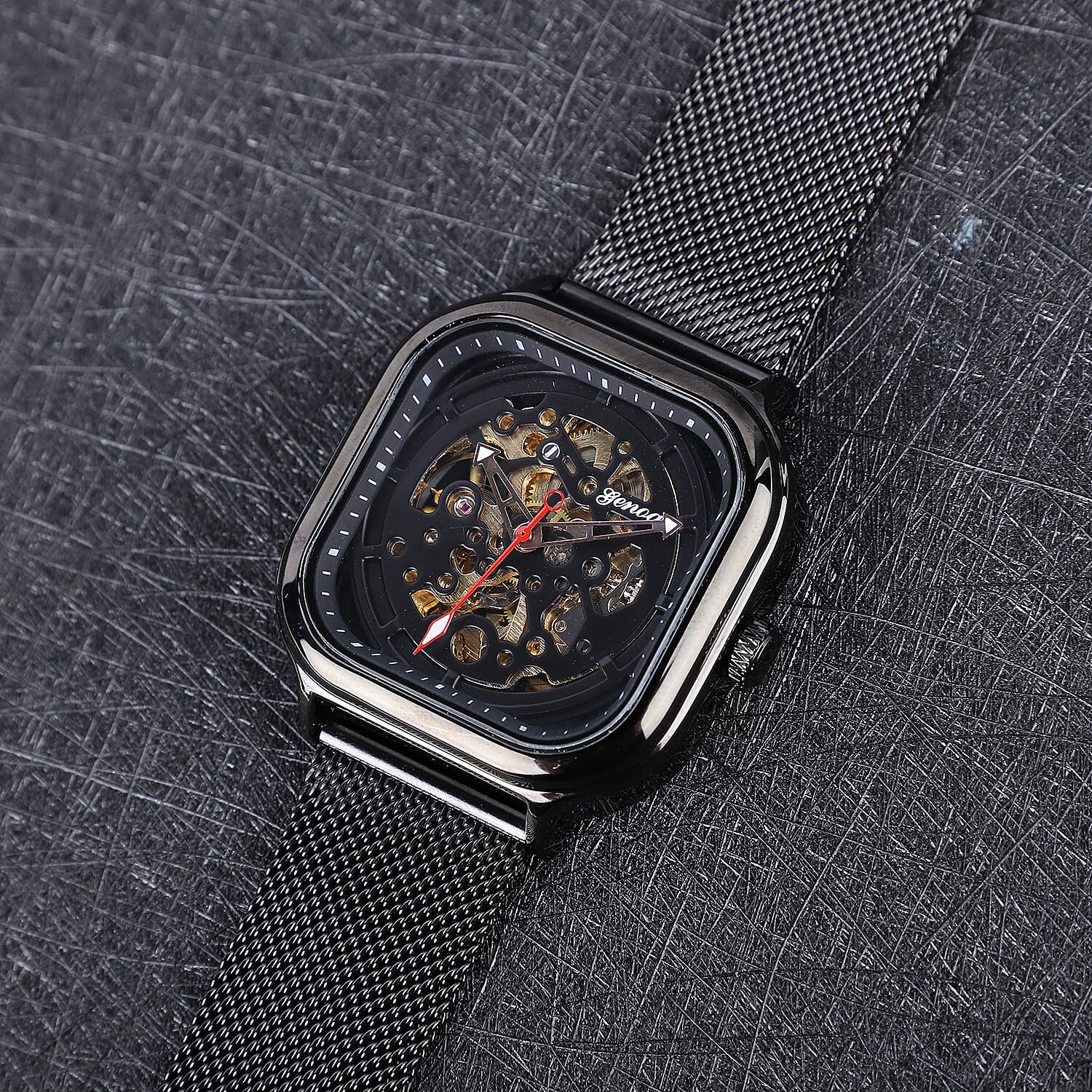 Genoa Automatic Mechanical Movement Watch with ION Plated Black Stainless Steel Mesh Strap (42mm)