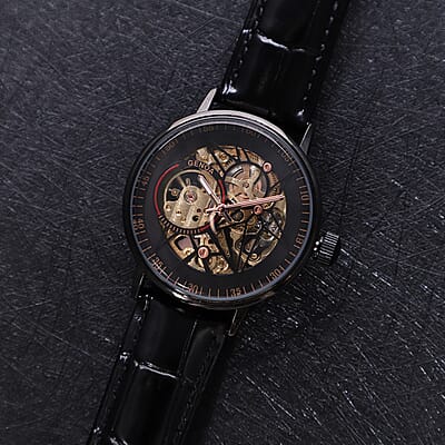 Genoa Automatic Mechanical Movement Watch with Black Genuine Leather Strap (41mm)