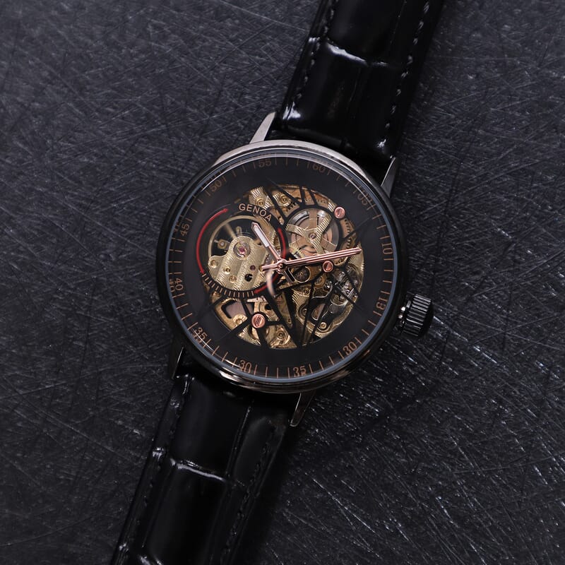 Genoa Automatic Mechanical Movement Watch with Black Genuine Leather Strap (41mm)