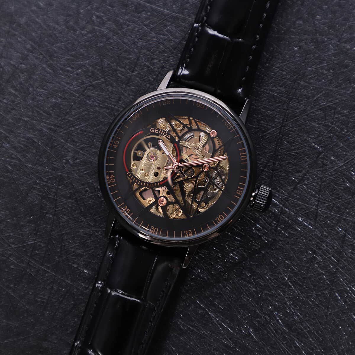 GENOA Automatic Mechanical Movement Watch with Black Genuine Leather Strap (41mm) image number 1