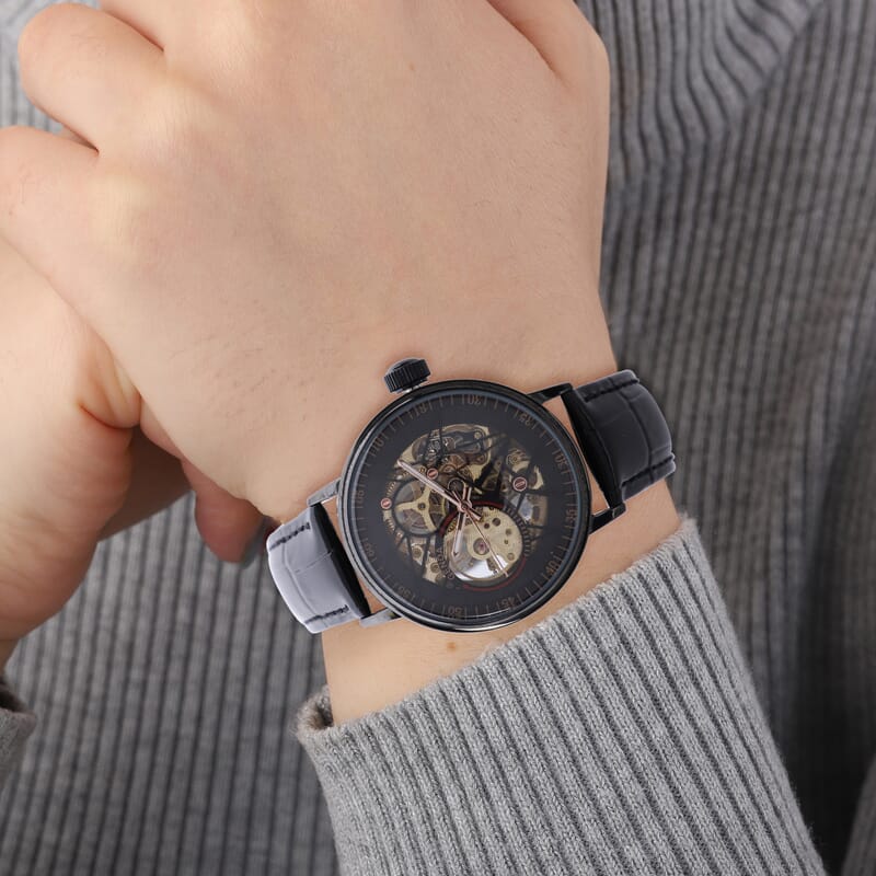 Genoa Automatic Mechanical Movement Watch with Black Genuine Leather Strap (41mm)