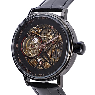 Genoa Automatic Mechanical Movement Watch with Black Genuine Leather Strap (41mm)