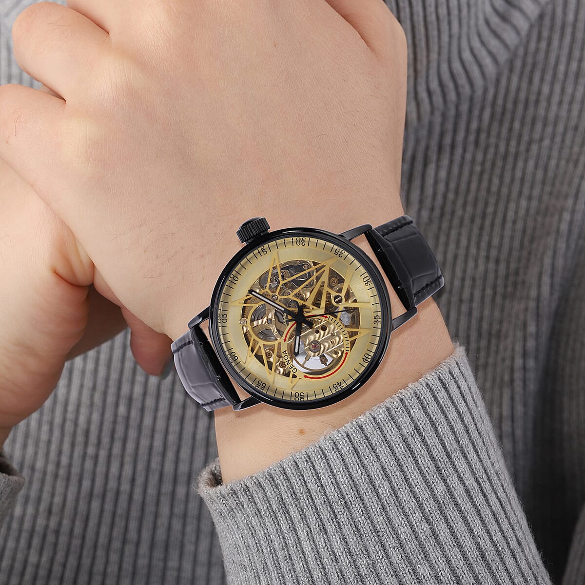 Genoa Automatic Mechanical Movement Watch with Black Genuine Leather Strap (41mm) image number 2