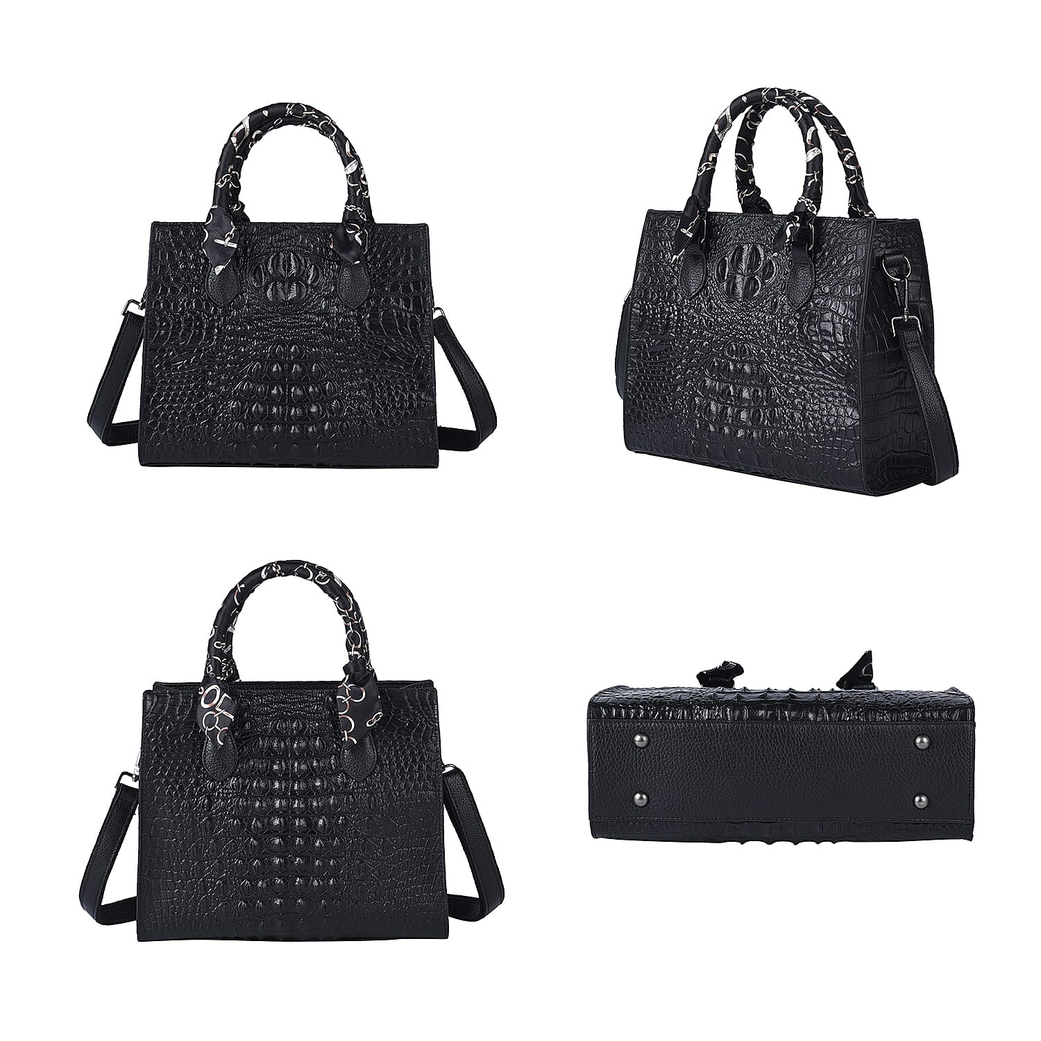Black Crocodile Embossed Pattern Genuine Leather Crossbody Bag with Hand Scarf Strap and Shoulder Strap