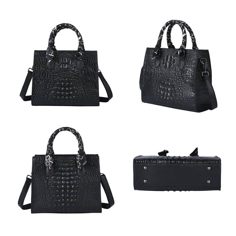Black Crocodile Embossed Pattern Genuine Leather Crossbody Bag with Hand Scarf Strap and Shoulder Strap