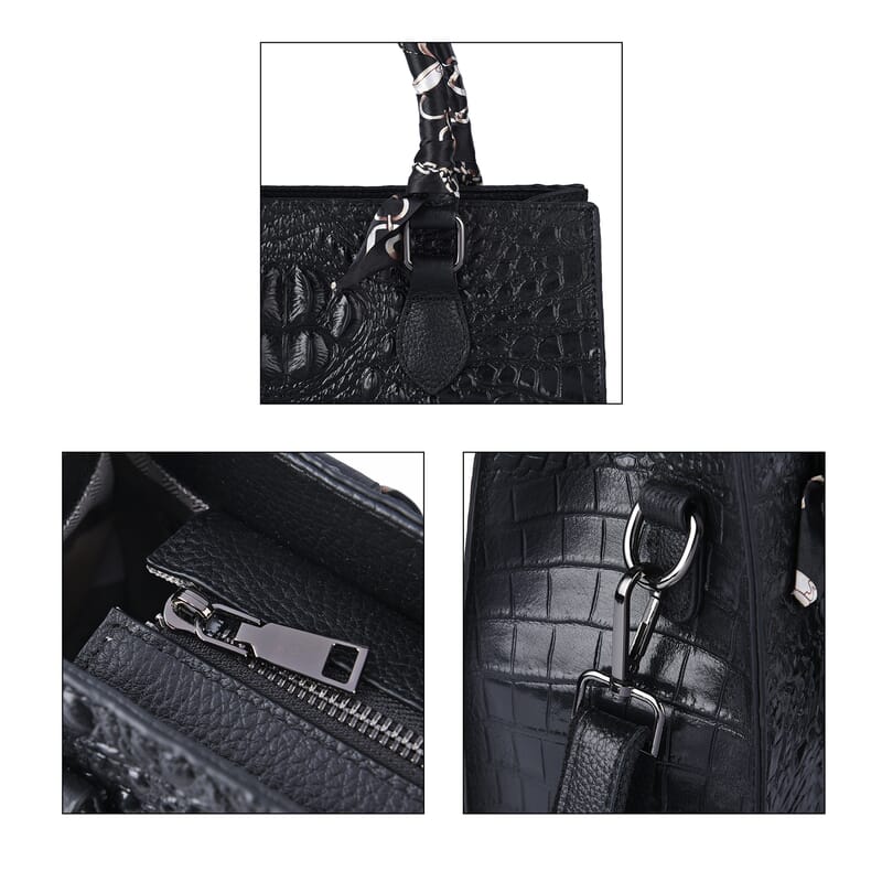 Black Crocodile Embossed Pattern Genuine Leather Crossbody Bag with Hand Scarf Strap and Shoulder Strap