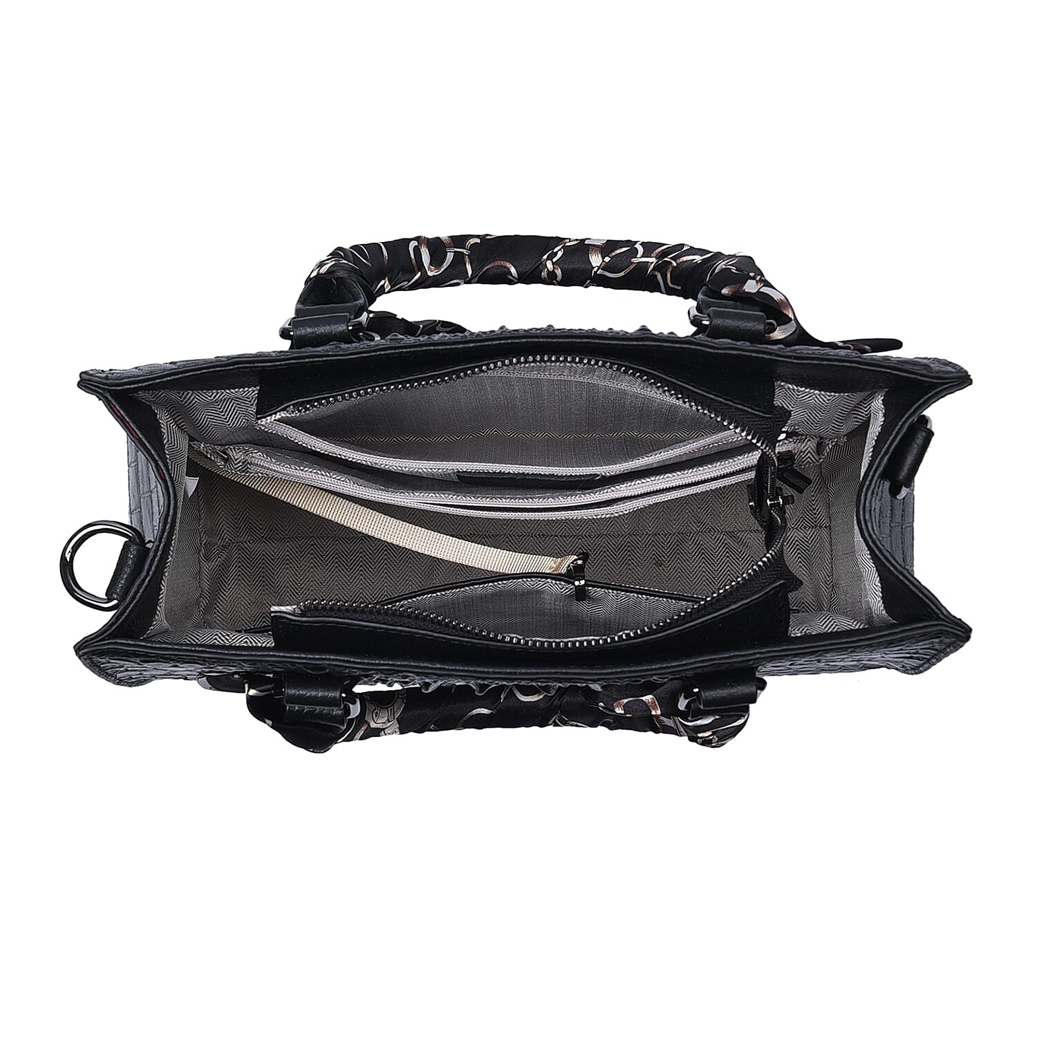 Black Crocodile Embossed Pattern Genuine Leather Crossbody Bag with Hand Scarf Strap and Shoulder Strap