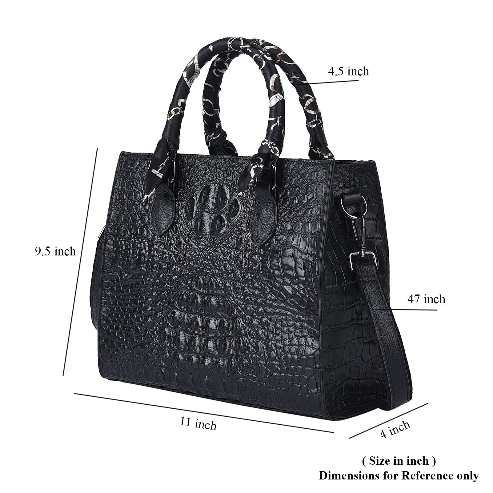 Black Crocodile Embossed Pattern Genuine Leather Crossbody Bag with Hand Scarf Strap and Shoulder Strap
