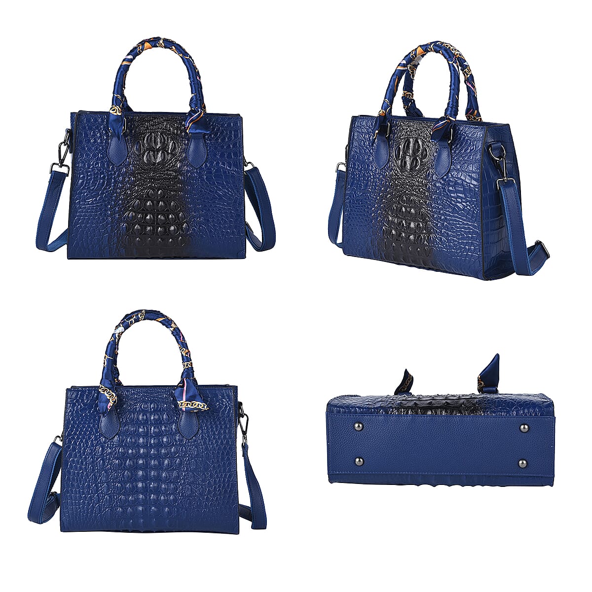 Black Crocodile Embossed Pattern Genuine Leather Crossbody Bag (11"x4"x9.5") with Hand Scarf Strap and Shoulder Strap image number 3