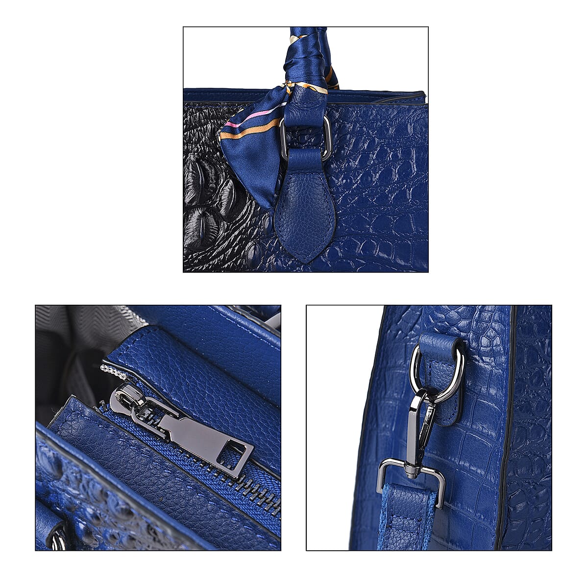 Black Crocodile Embossed Pattern Genuine Leather Crossbody Bag (11"x4"x9.5") with Hand Scarf Strap and Shoulder Strap image number 4