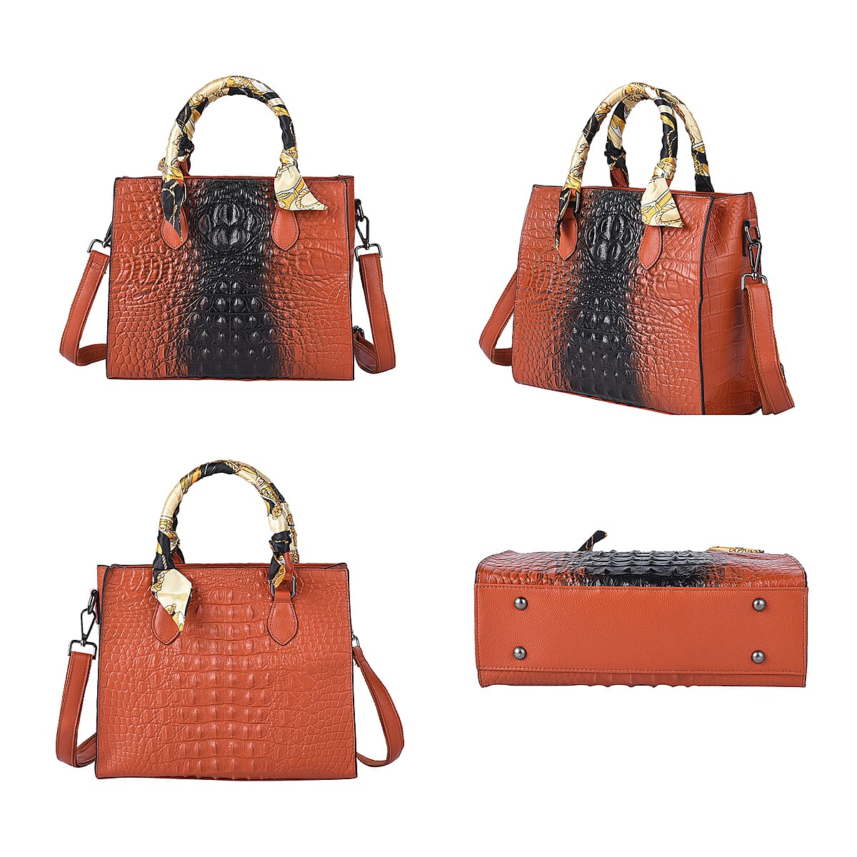 Brown Crocodile Embossed Pattern Genuine Leather Crossbody Bag with Hand Scarf Strap and Shoulder Strap image number 3