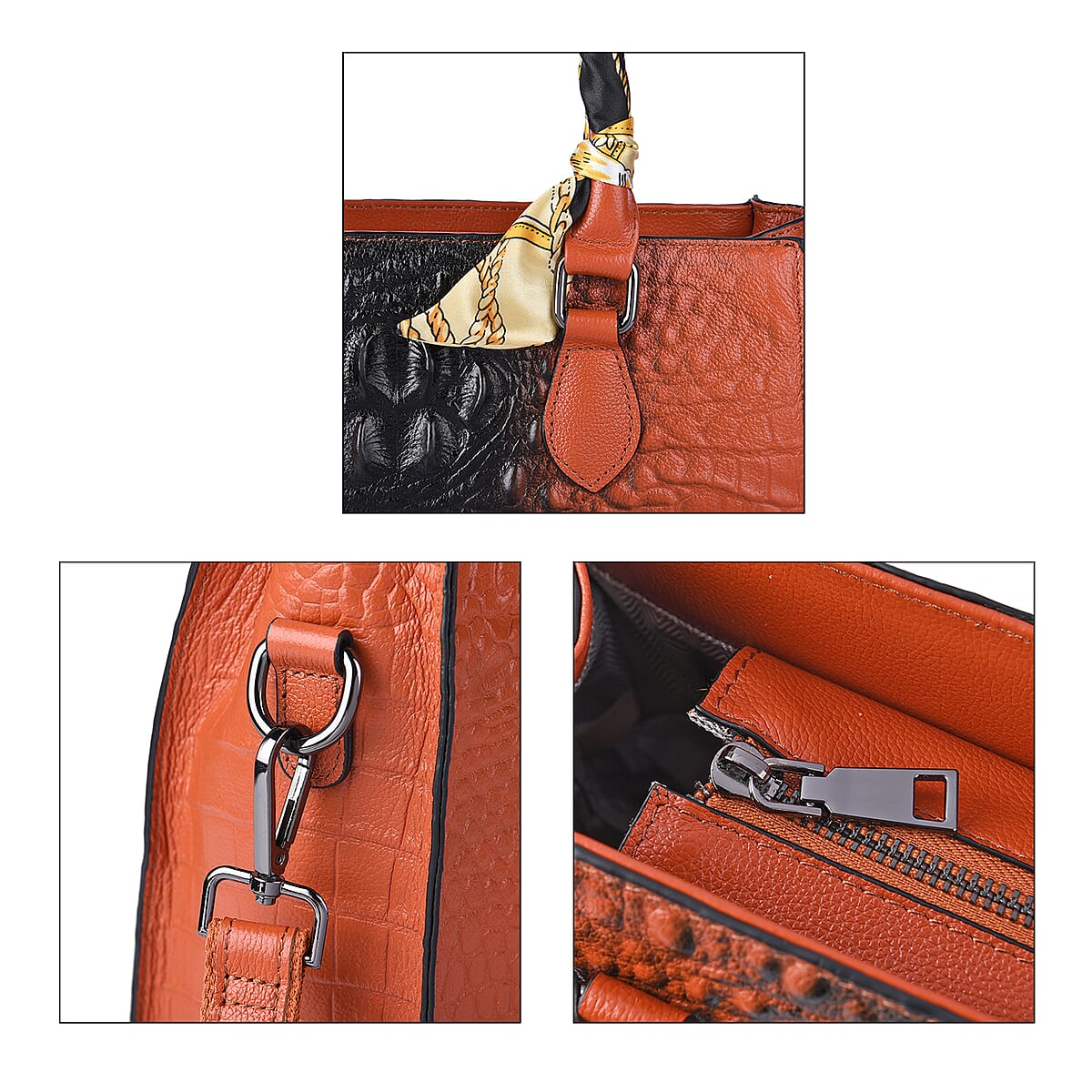 Brown Crocodile Embossed Pattern Genuine Leather Crossbody Bag with Hand Scarf Strap and Shoulder Strap image number 4
