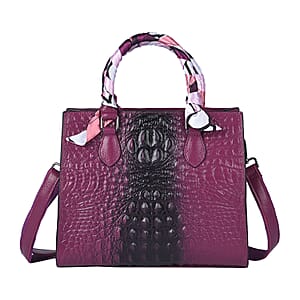 Purple Crocodile Embossed Pattern Genuine Leather Crossbody Bag with Hand Scarf Strap and Shoulder Strap