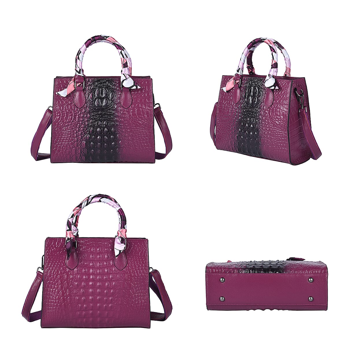 Purple Crocodile Embossed Pattern Genuine Leather Crossbody Bag with Hand Scarf Strap and Shoulder Strap image number 3