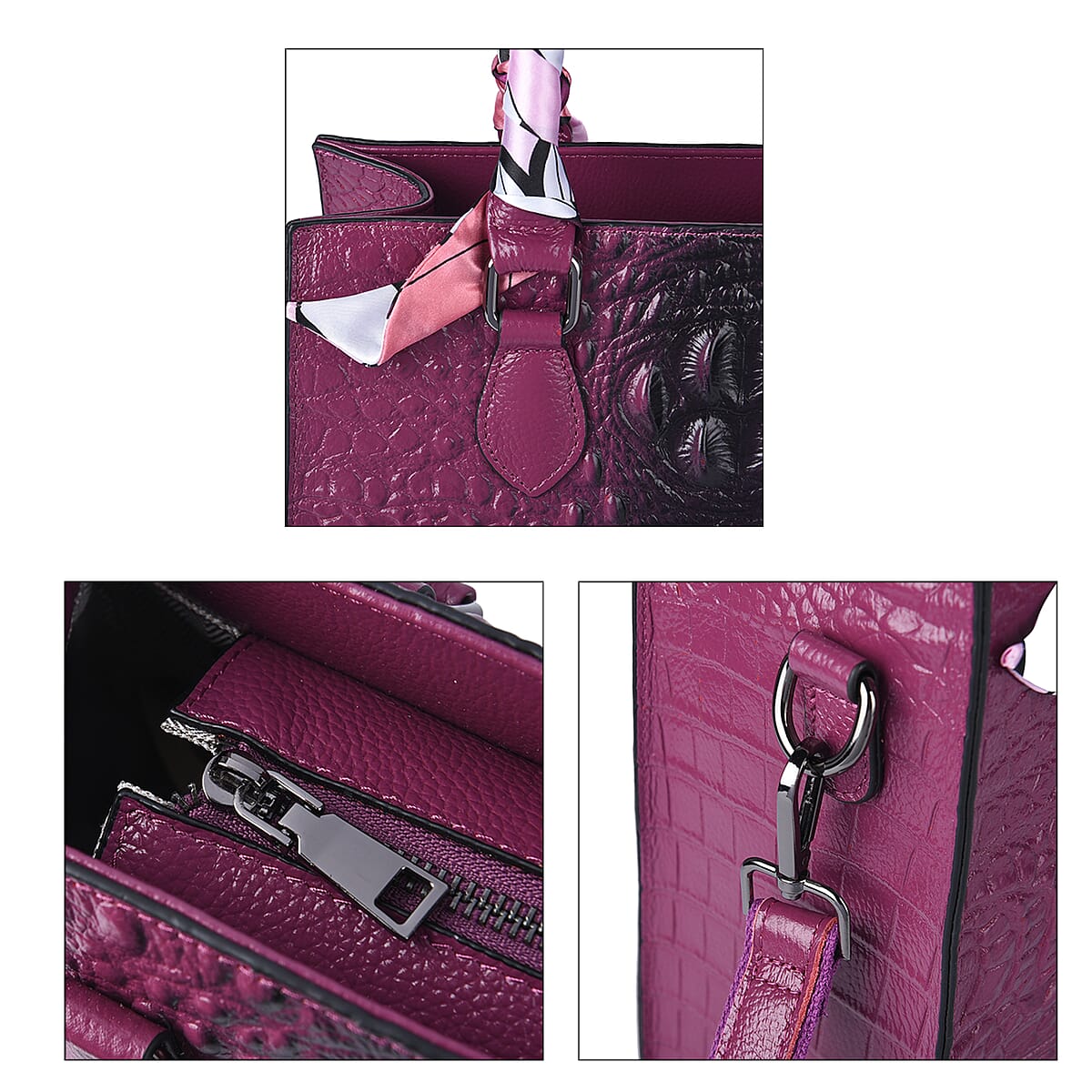 Purple Crocodile Embossed Pattern Genuine Leather Crossbody Bag with Hand Scarf Strap and Shoulder Strap image number 5