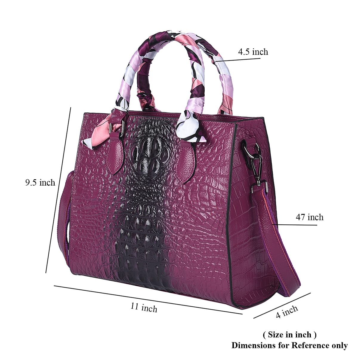 Purple Crocodile Embossed Pattern Genuine Leather Crossbody Bag with Hand Scarf Strap and Shoulder Strap image number 6