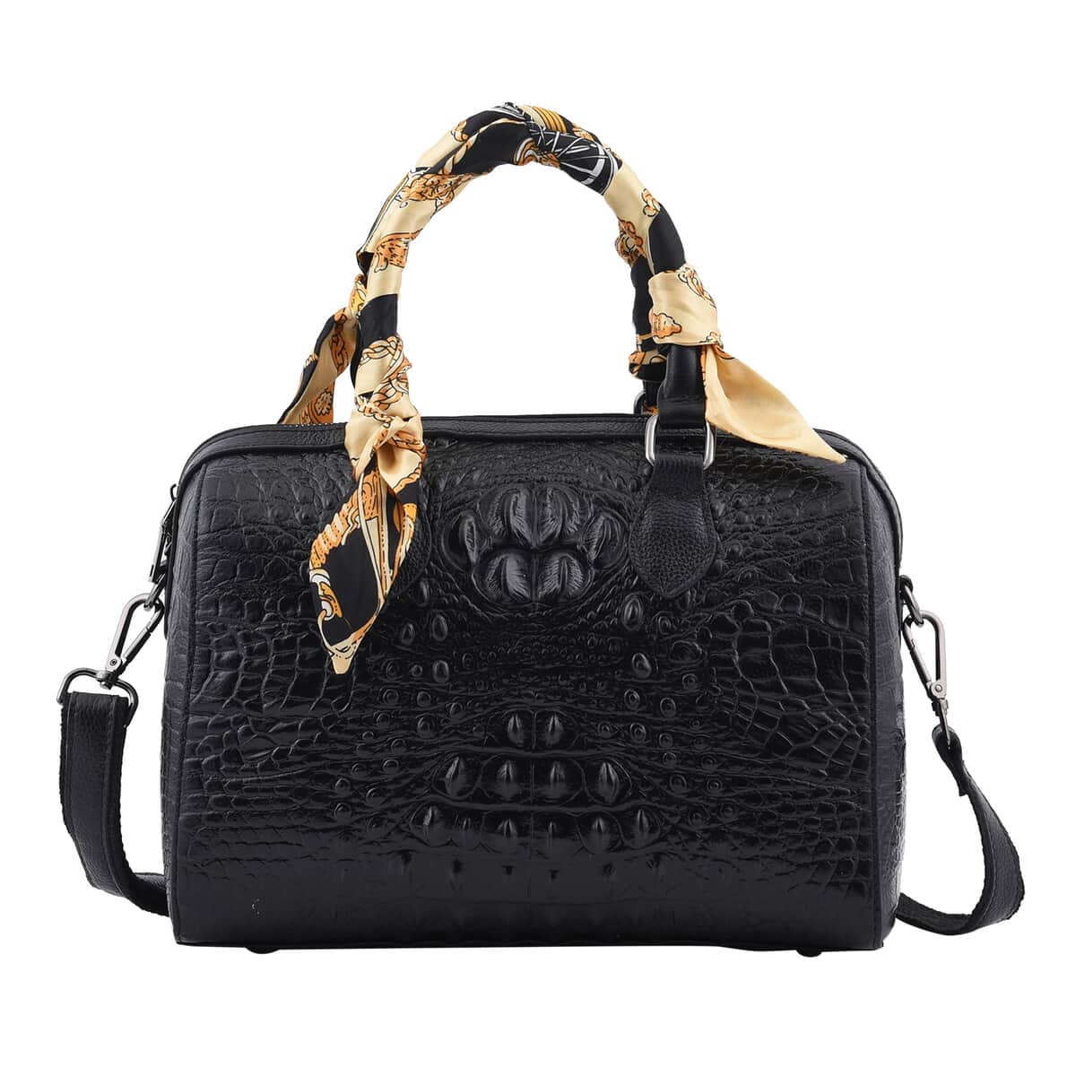 Black Crocodile Embossed Pattern Genuine Leather Crossbody Bag (11"x5"x9") with Hand Scarf Strap and Shoulder Strap image number 0