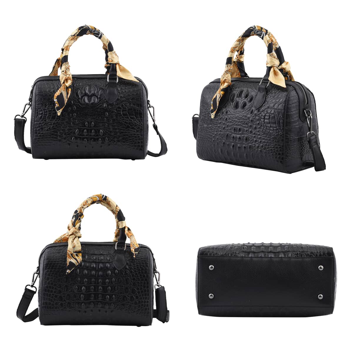 Black Crocodile Embossed Pattern Genuine Leather Crossbody Bag (11"x5"x9") with Hand Scarf Strap and Shoulder Strap image number 1