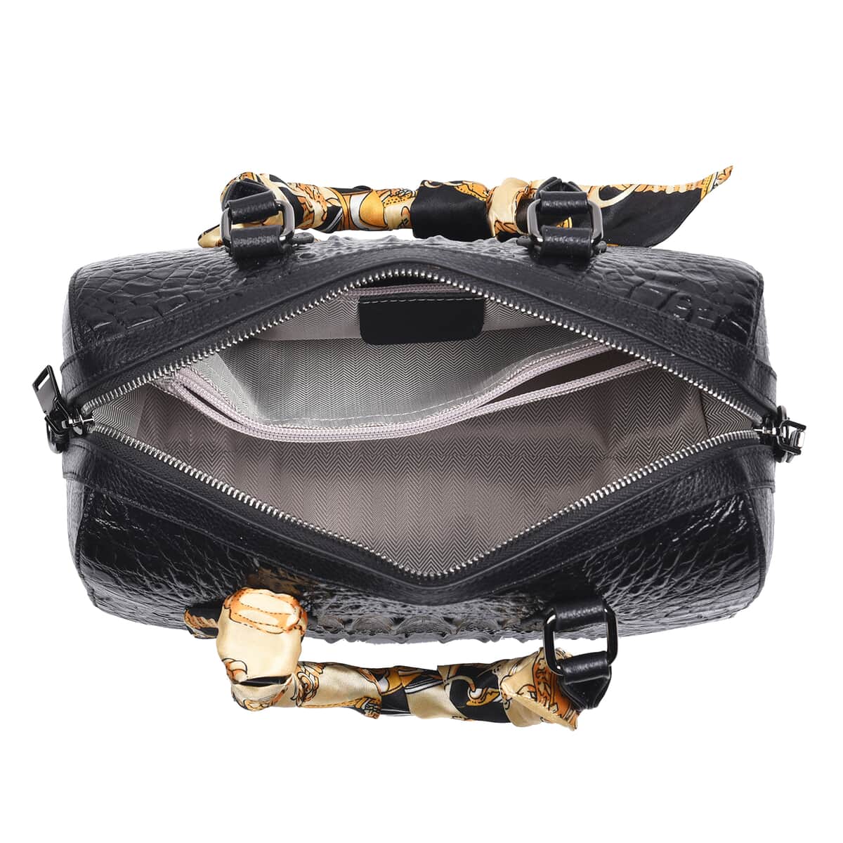 Black Crocodile Embossed Pattern Genuine Leather Crossbody Bag with Hand Scarf Strap and Shoulder Strap image number 3