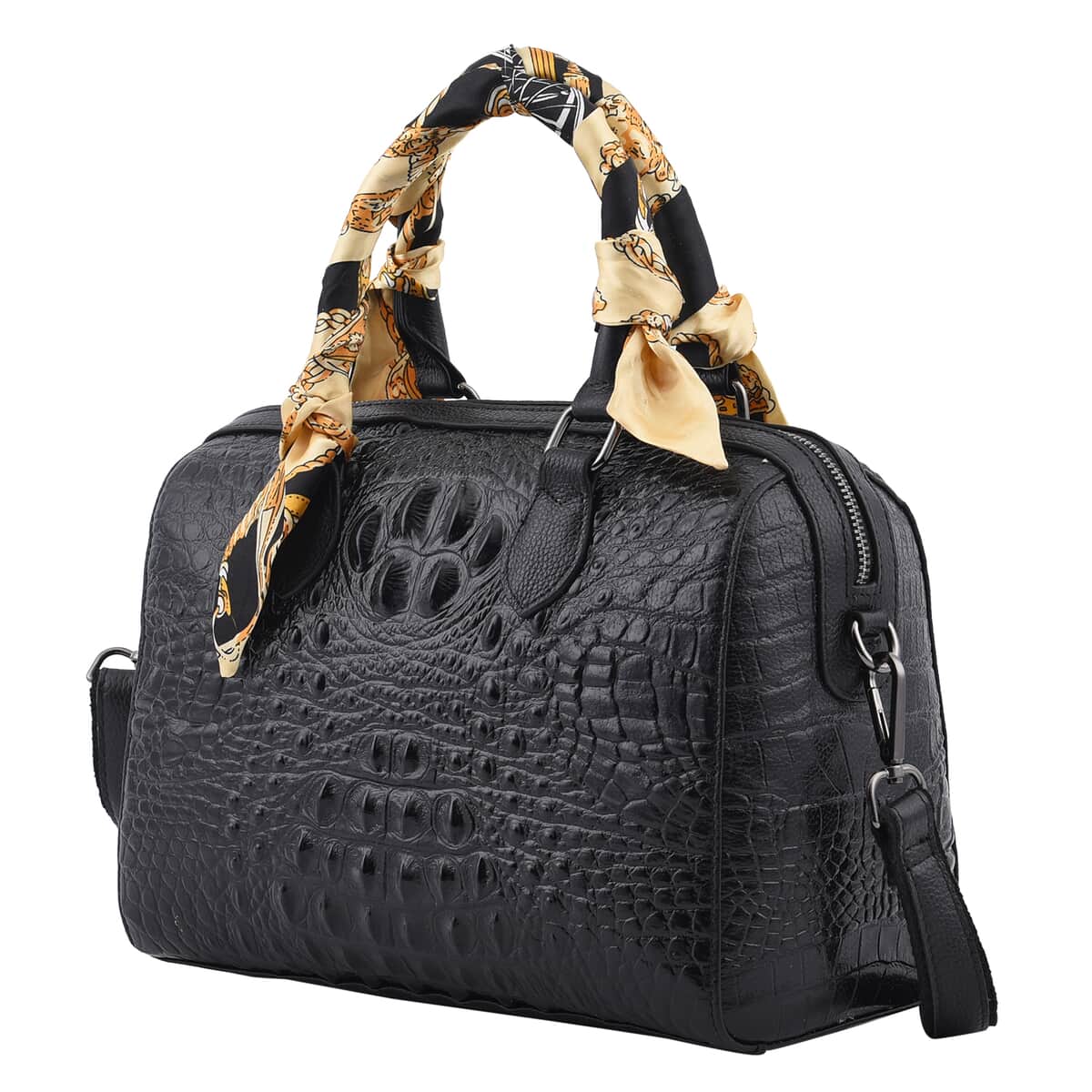 Black Crocodile Embossed Pattern Genuine Leather Crossbody Bag (11"x5"x9") with Hand Scarf Strap and Shoulder Strap image number 4