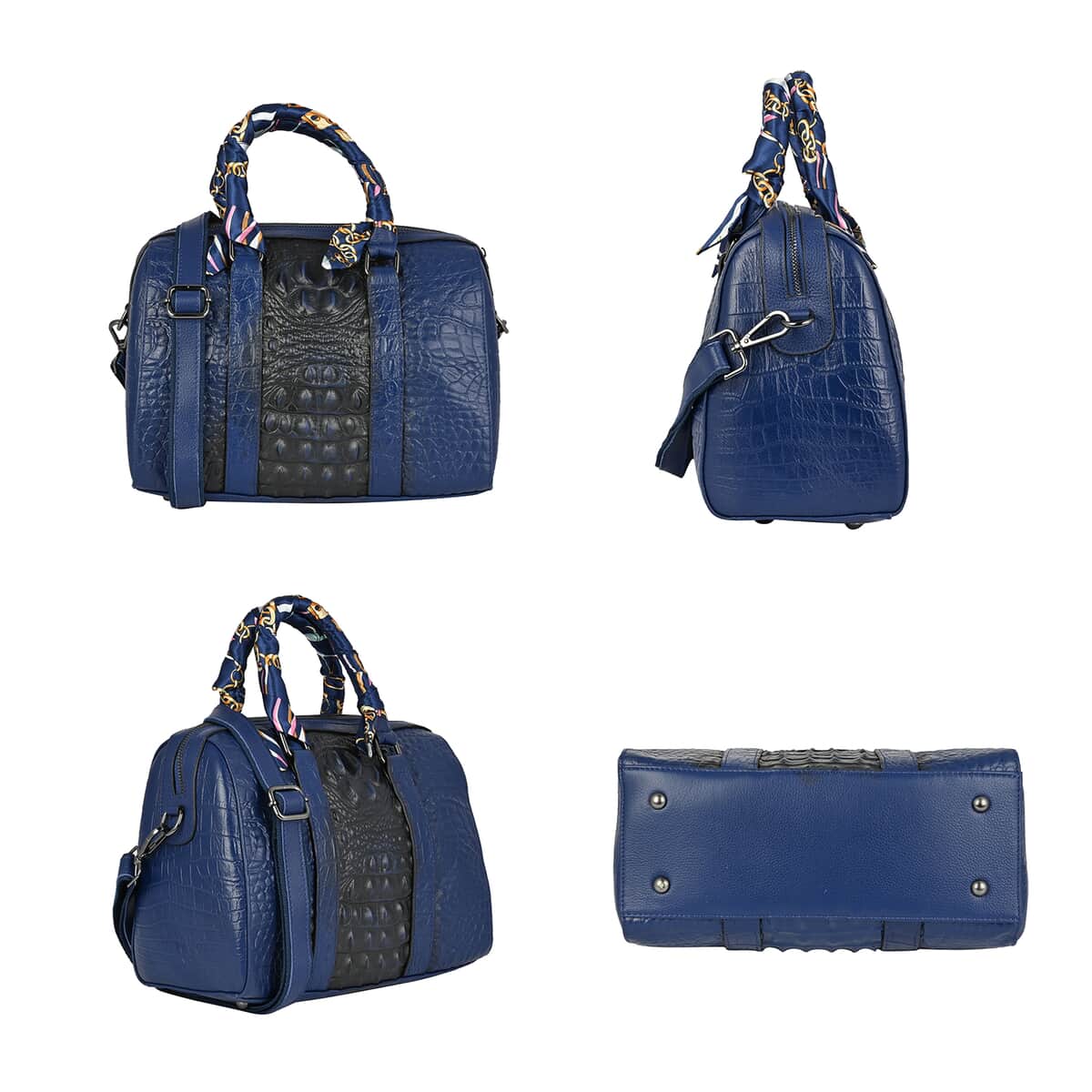Blue Crocodile Embossed Pattern Genuine Leather Crossbody Bag with Hand Scarf Strap and Shoulder Strap image number 2
