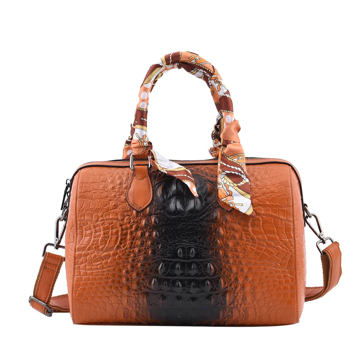 Brown Crocodile Embossed Pattern Genuine Leather Crossbody Bag with Hand Scarf Strap and Shoulder Strap image number 0