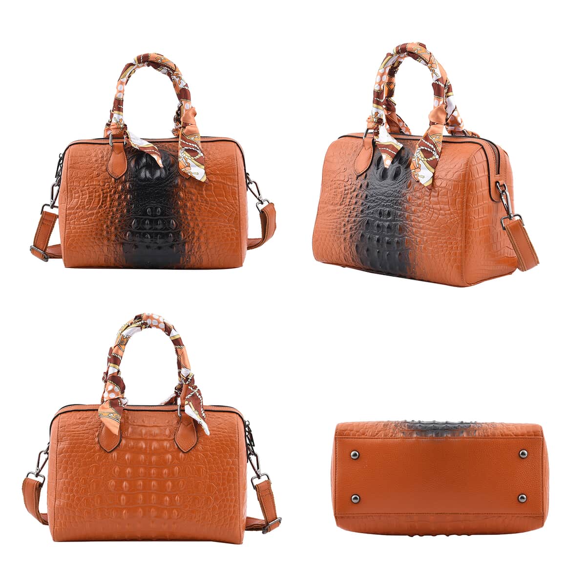 Brown Crocodile Embossed Pattern Genuine Leather Crossbody Bag with Hand Scarf Strap and Shoulder Strap image number 1