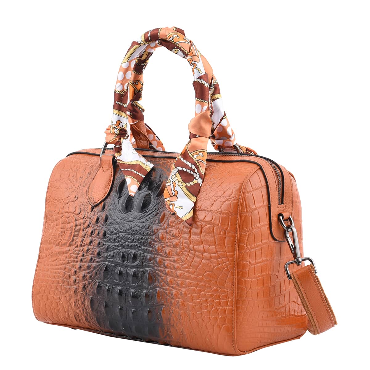 Brown Crocodile Embossed Pattern Genuine Leather Crossbody Bag with Hand Scarf Strap and Shoulder Strap image number 4