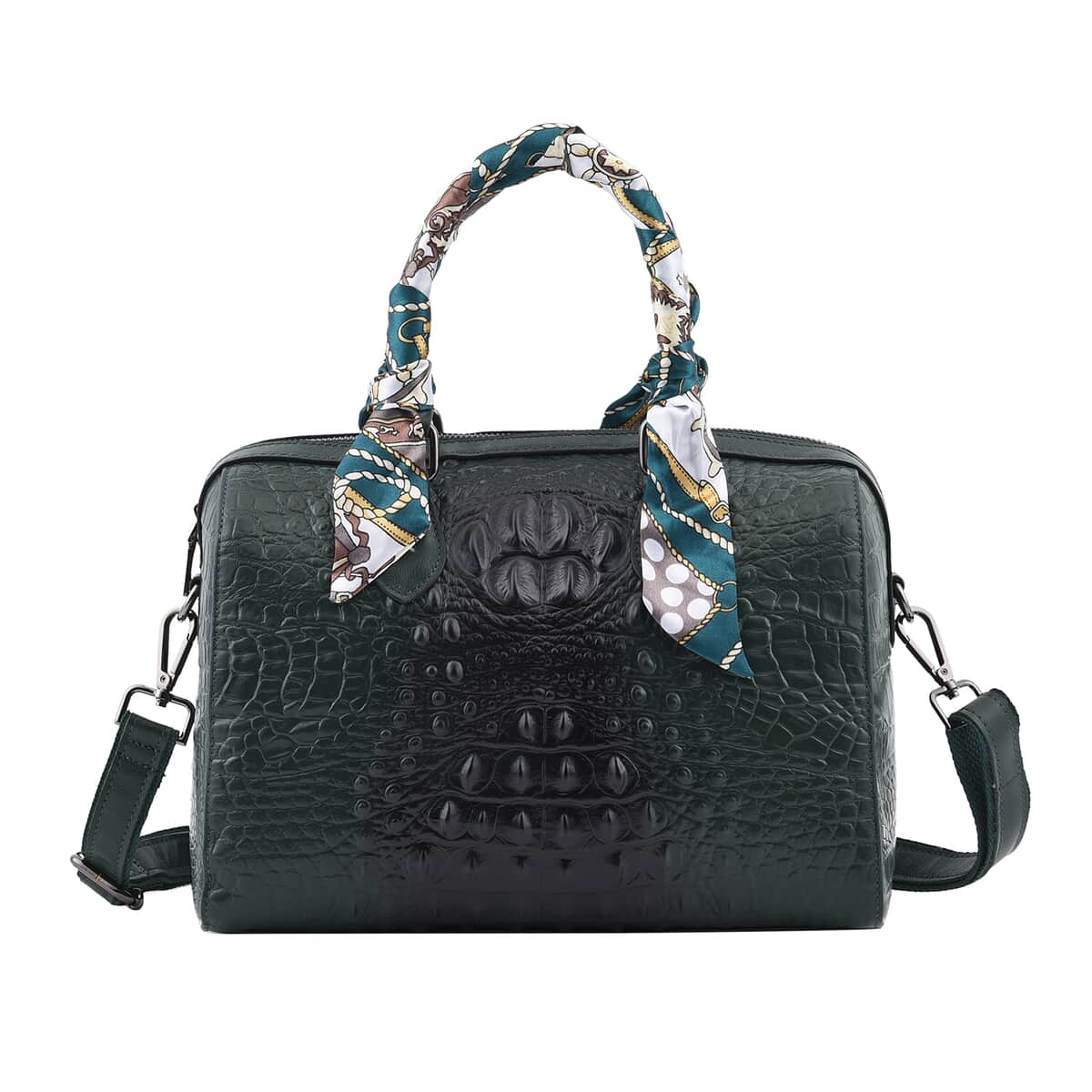 Green Crocodile Embossed Pattern Genuine Leather Crossbody Bag with Hand Scarf Strap and Shoulder Strap image number 0