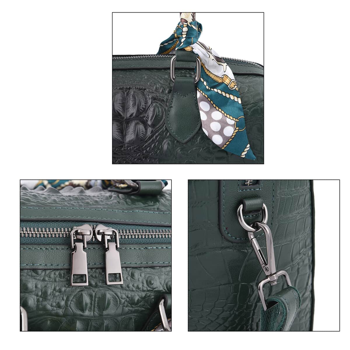 Green Crocodile Embossed Pattern Genuine Leather Crossbody Bag with Hand Scarf Strap and Shoulder Strap image number 2