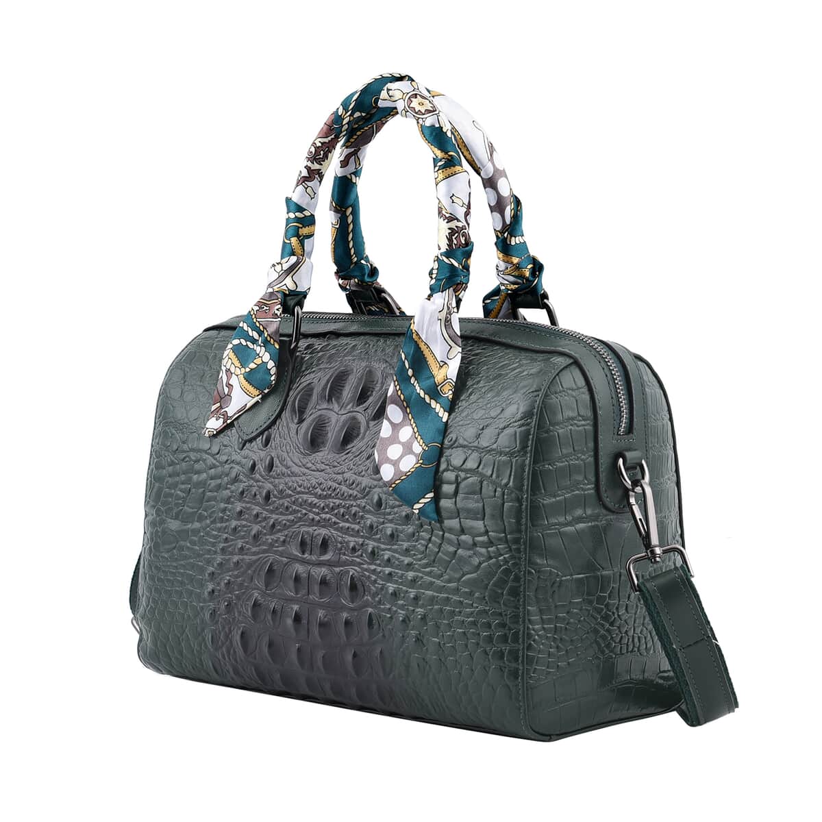 Green Crocodile Embossed Pattern Genuine Leather Crossbody Bag with Hand Scarf Strap and Shoulder Strap image number 4