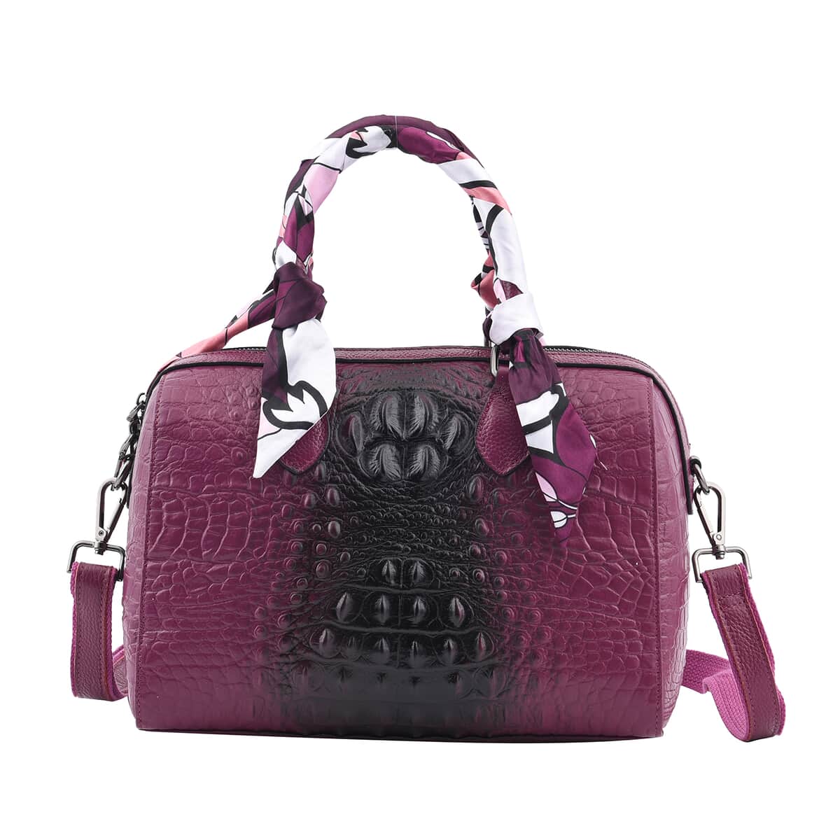 Purple Crocodile Embossed Pattern Genuine Leather Crossbody Bag with Hand Scarf Strap and Shoulder Strap image number 0