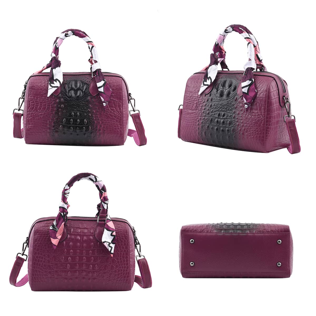 Purple Crocodile Embossed Pattern Genuine Leather Crossbody Bag with Hand Scarf Strap and Shoulder Strap image number 1