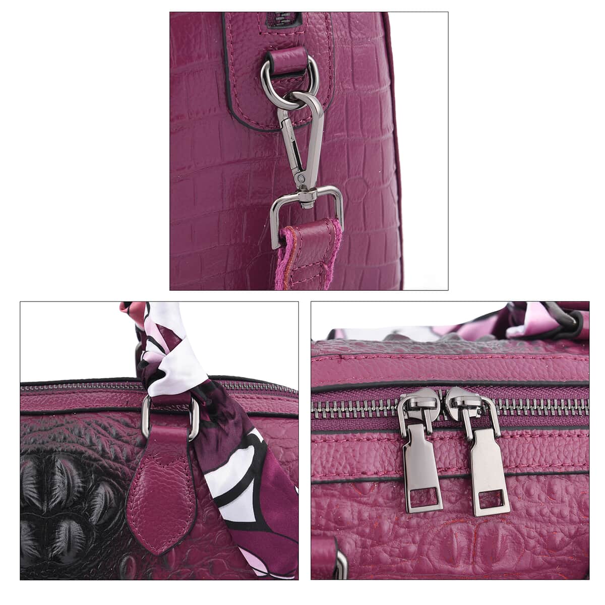 Purple Crocodile Embossed Pattern Genuine Leather Crossbody Bag with Hand Scarf Strap and Shoulder Strap image number 2