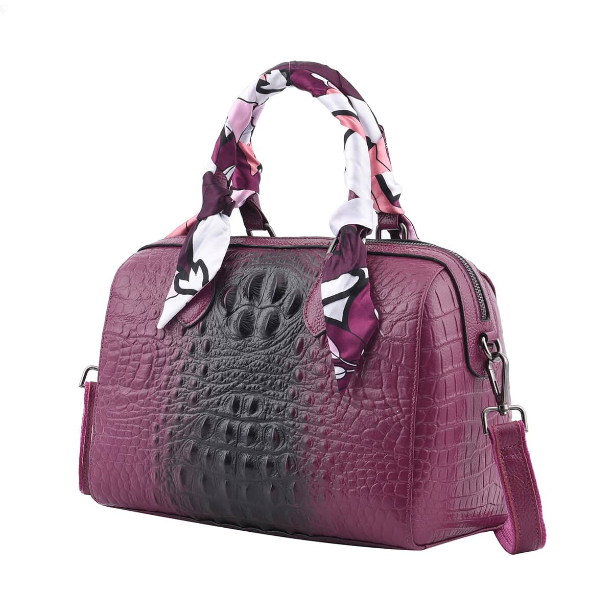 Purple Crocodile Embossed Pattern Genuine Leather Crossbody Bag with Hand Scarf Strap and Shoulder Strap image number 4